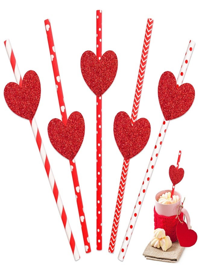 JarThenaAMCS 40Pcs Valentine's Day Paper Straws Red Glitter Heart Disposable Drinking Straws Romantic Decorative Straws for Wedding Birthday Party Supplies - Image 1